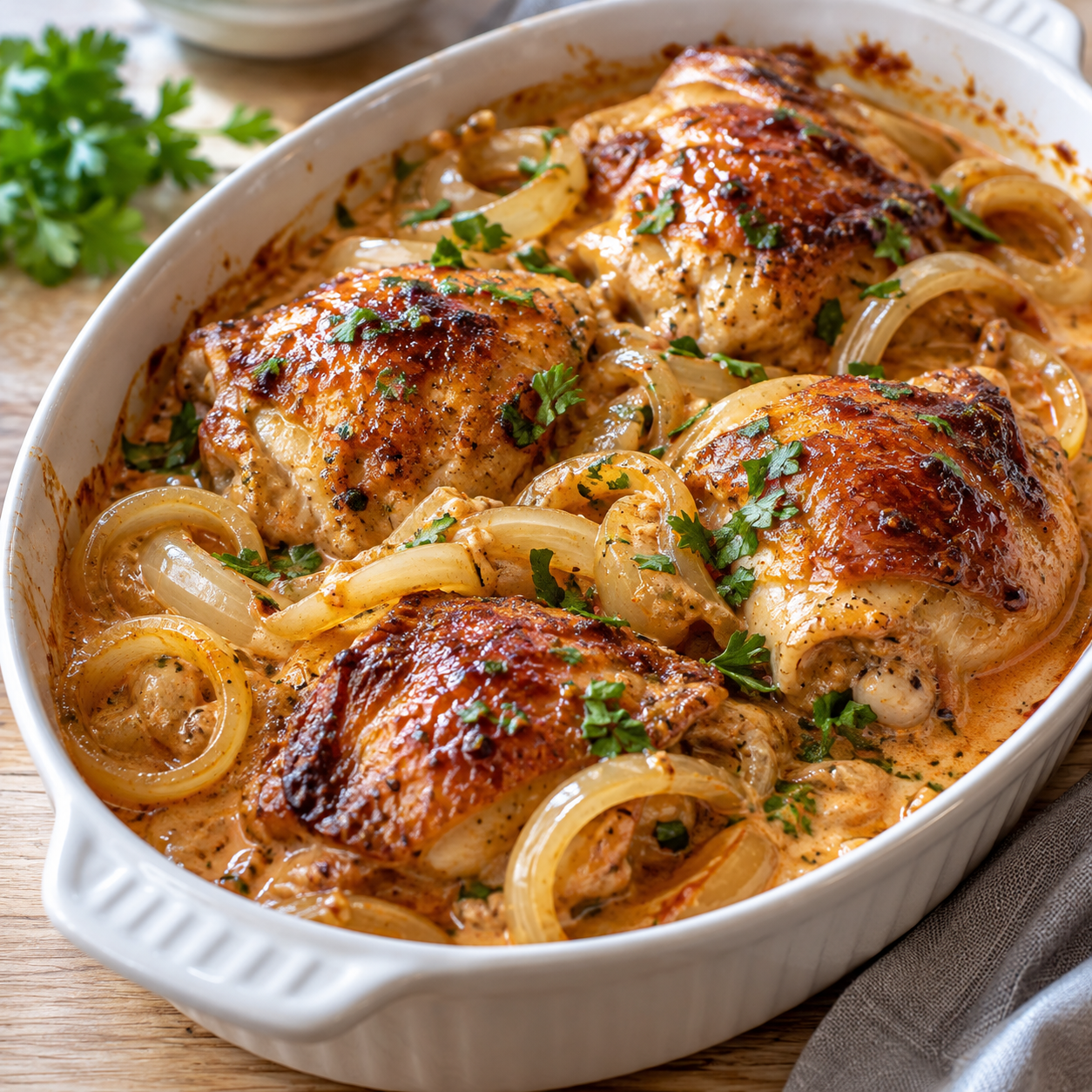 Chicken Charleston mit Hähnchenschenkeln, Sauce und Zwiebeln in einer Form