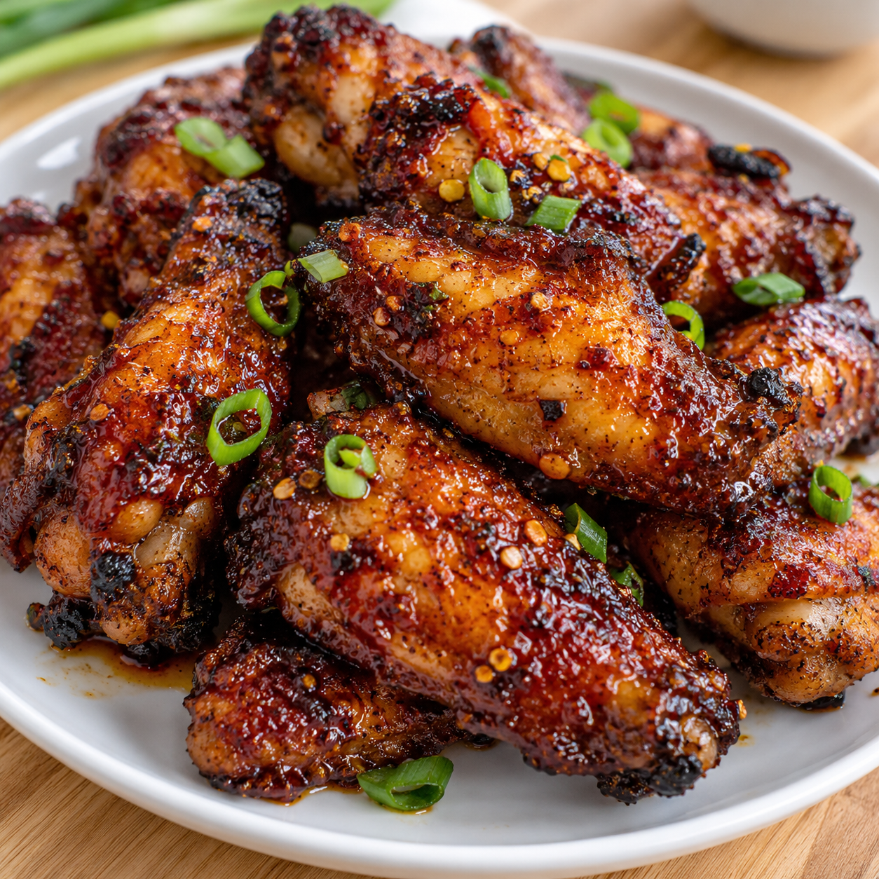 Glänzende Chicken Wings mit würziger Marinade auf weißem Teller