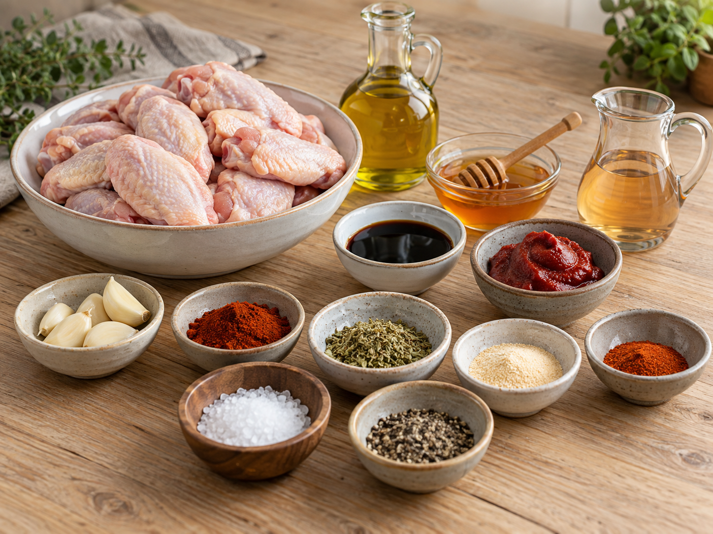 Zutaten für Chicken-Wings-Marinade mit rohen Hähnchenflügeln