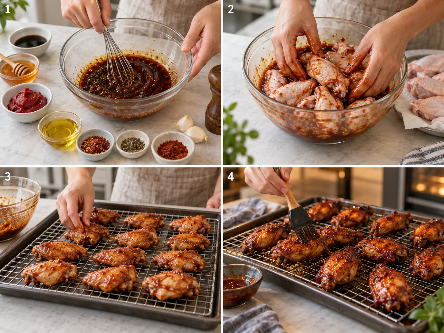 Vier Schritte für marinierte Chicken Wings vom Rühren bis zum Backen