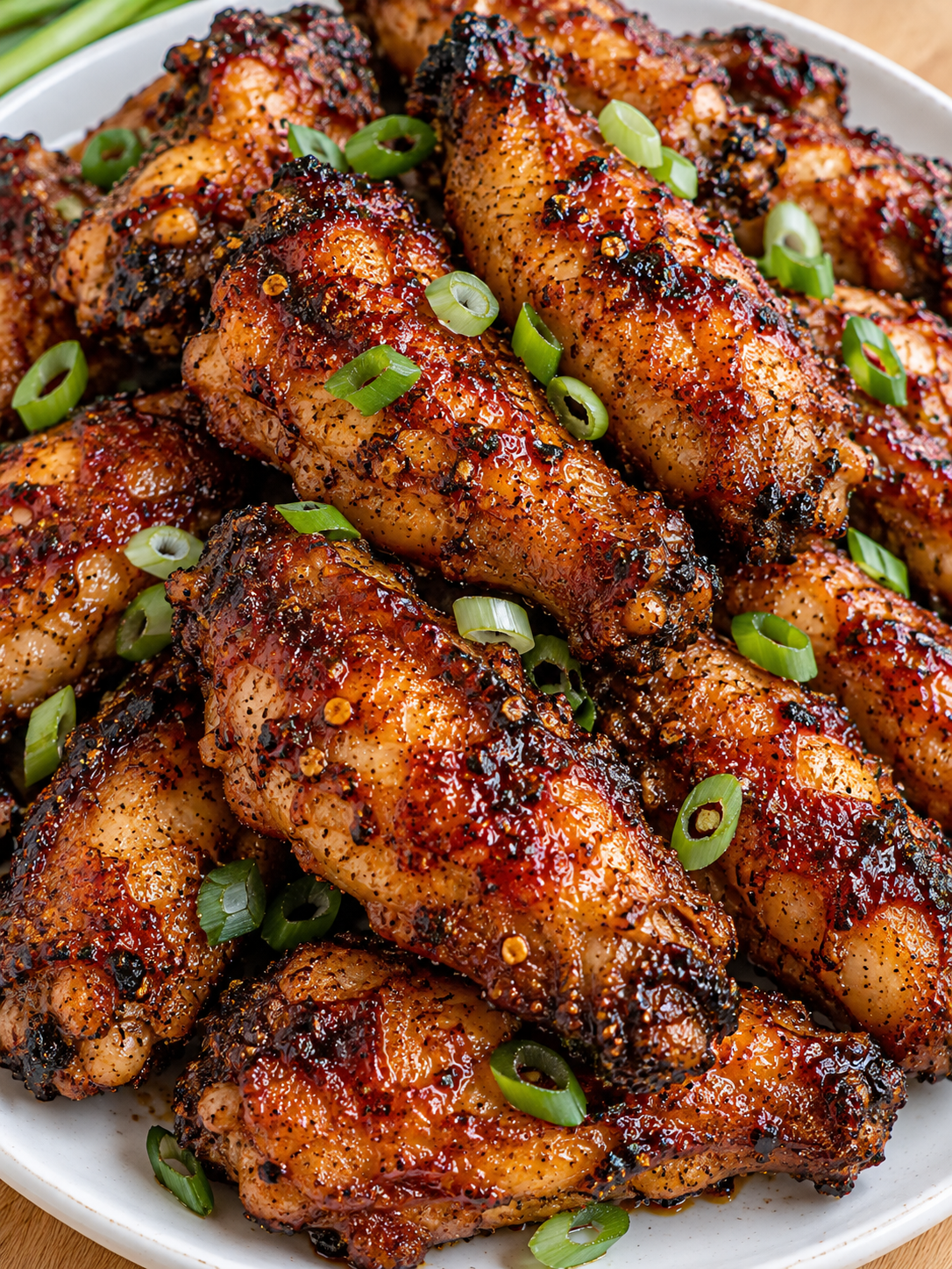 Würzige Chicken Wings mit glänzender Marinade und Frühlingszwiebeln