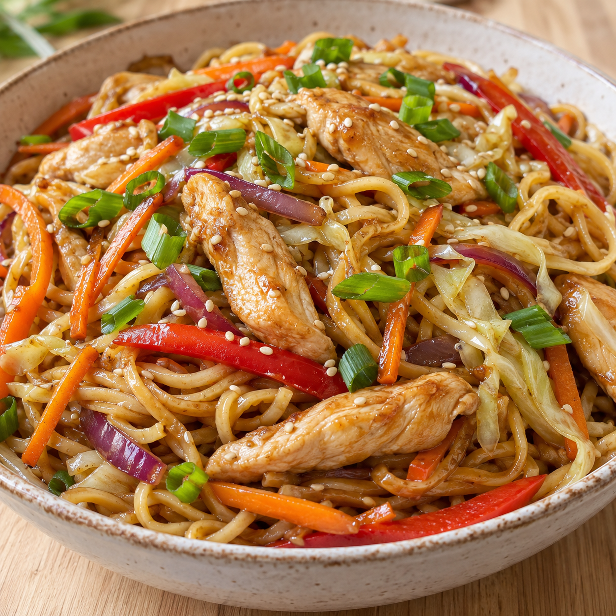 Chinesische Hähnchen-Nudelpfanne mit Gemüse und Frühlingszwiebeln