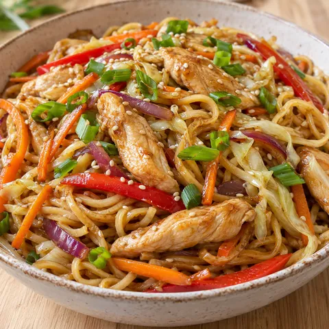 Chinesische Hähnchen-Nudelpfanne mit Gemüse und Frühlingszwiebeln