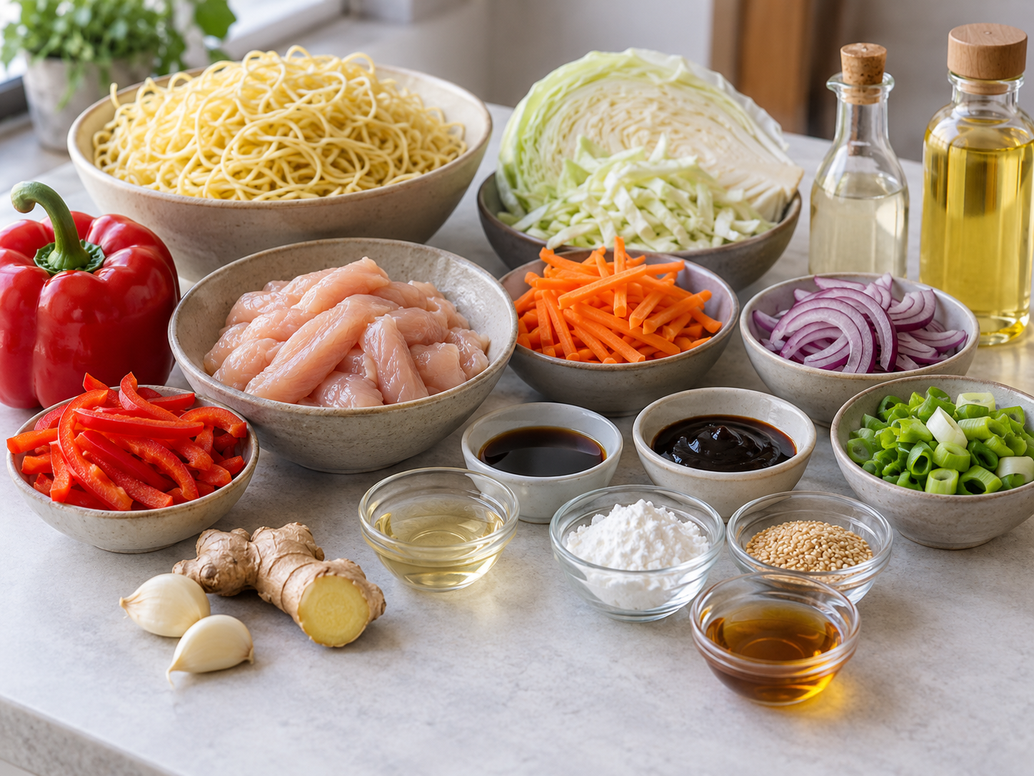 Zutaten für chinesische Hähnchen-Nudelpfanne mit Gemüse und Nudeln