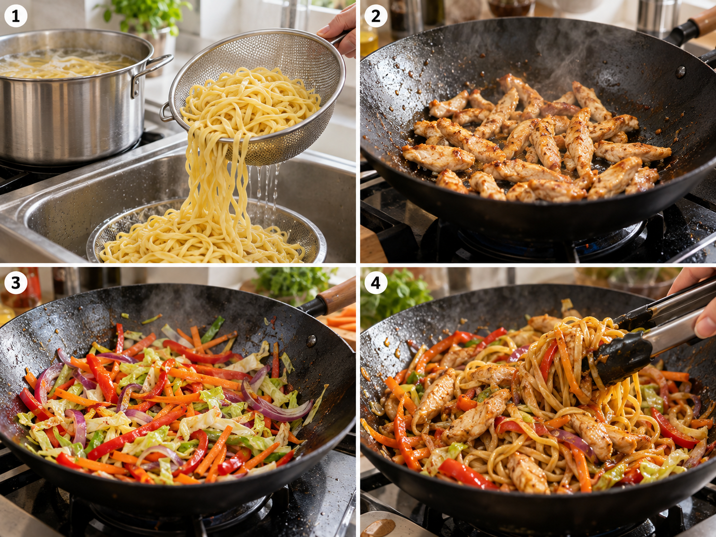 Vier Schritte der Hähnchen-Nudelpfanne vom Kochen bis zum Wenden