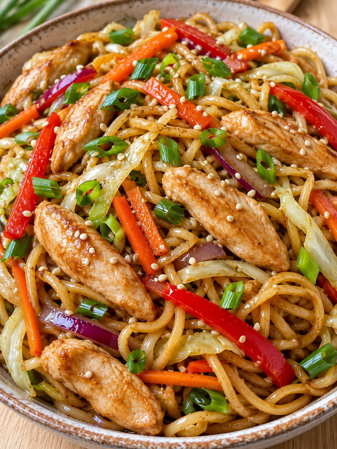 Gebratene Nudeln mit Hähnchen, Paprika, Möhren und Frühlingszwiebeln