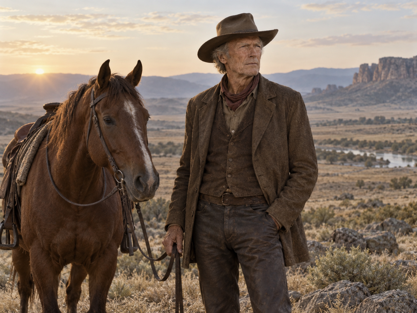Illustration von Clint Eastwood in Westernkleidung neben einem Pferd auf offenem Gelände.