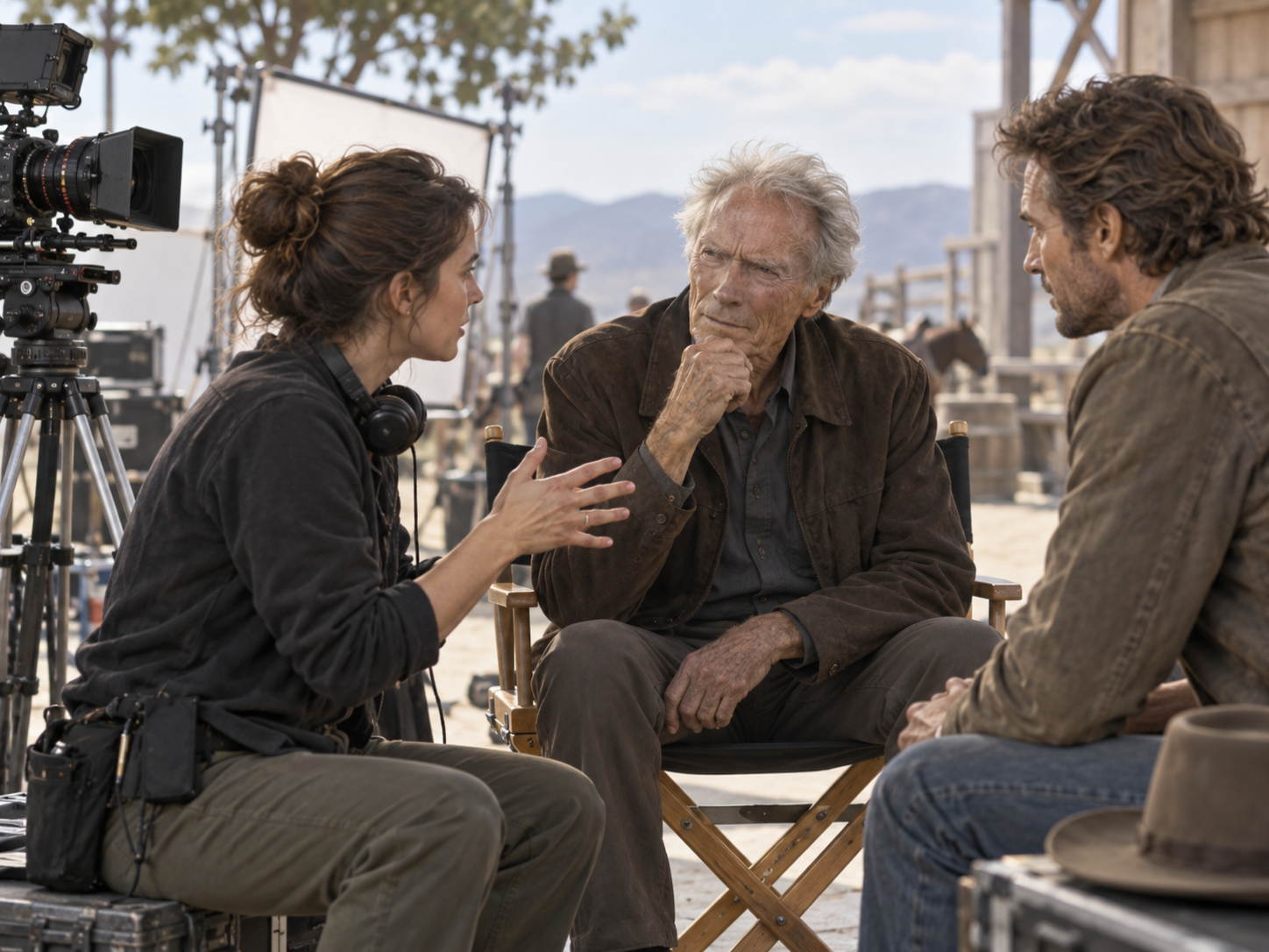 Illustration von Clint Eastwood, der einer Kamerafrau und einem Schauspieler am Filmset zuhört.