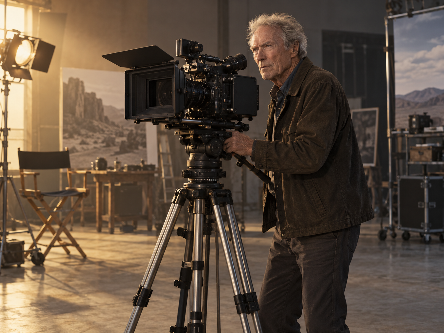 Illustration von Clint Eastwood neben einer Filmkamera im Studio als Darstellung seiner Regiearbeit.