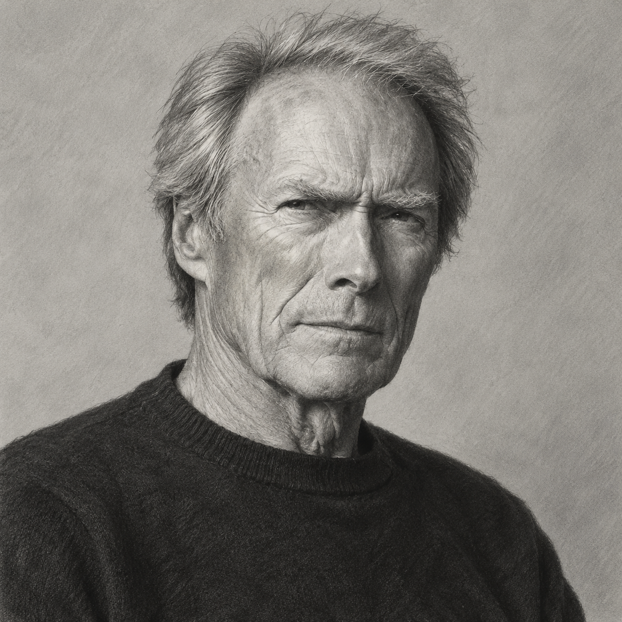 Redaktionelle Schwarz-Weiß-Illustration des älteren Clint Eastwood vor neutralem Hintergrund.