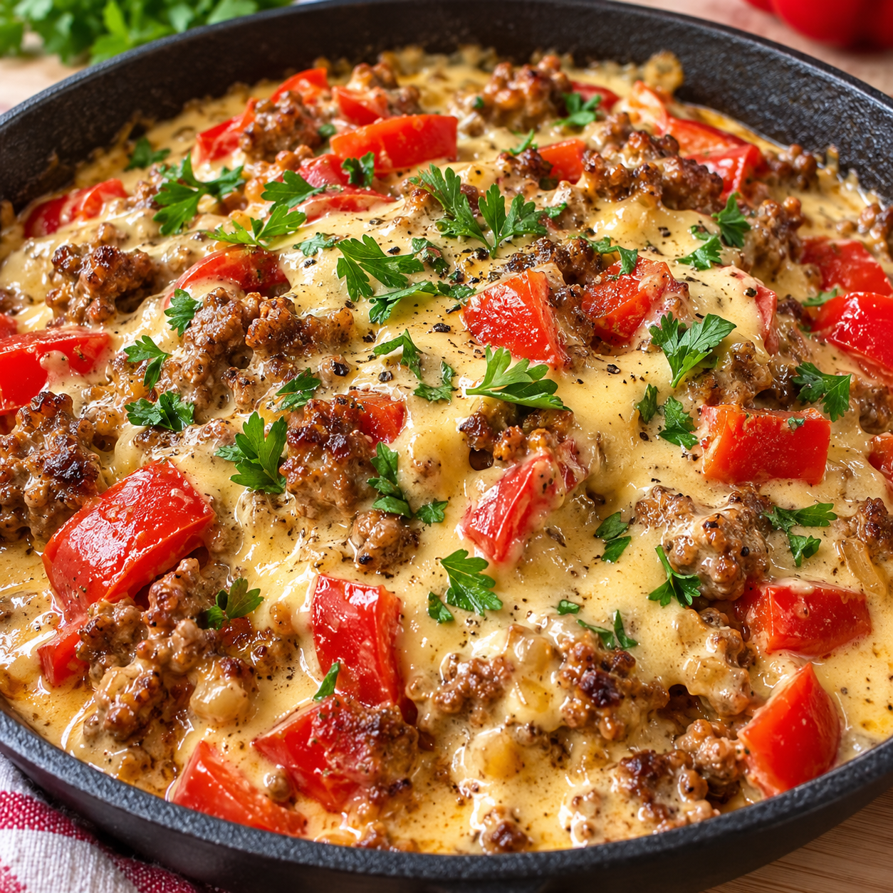 Cremige Hackfleisch-Paprika-Pfanne mit roter Paprika und Petersilie