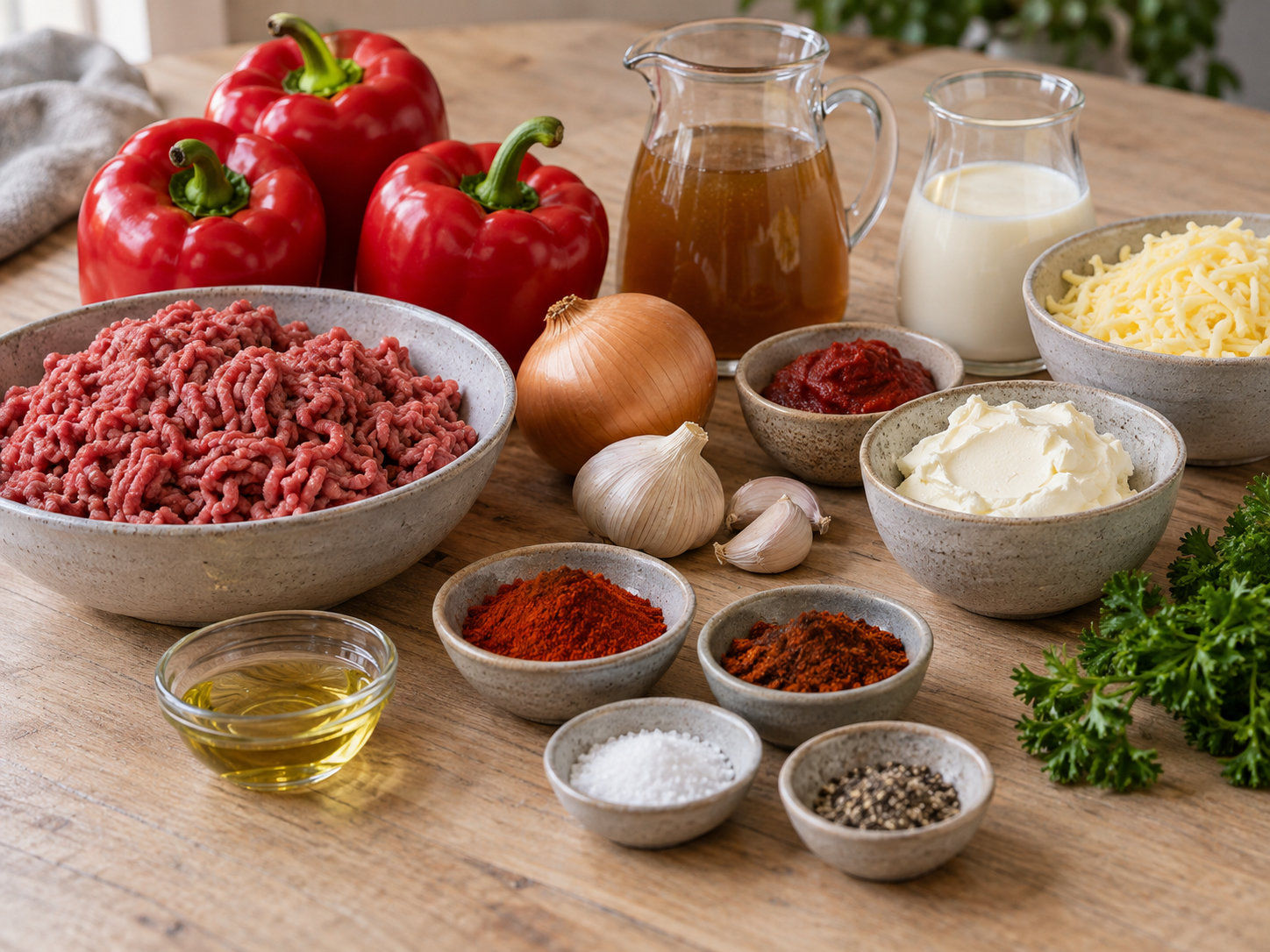 Zutaten für cremige Hackfleisch-Paprika-Pfanne auf heller Holzfläche