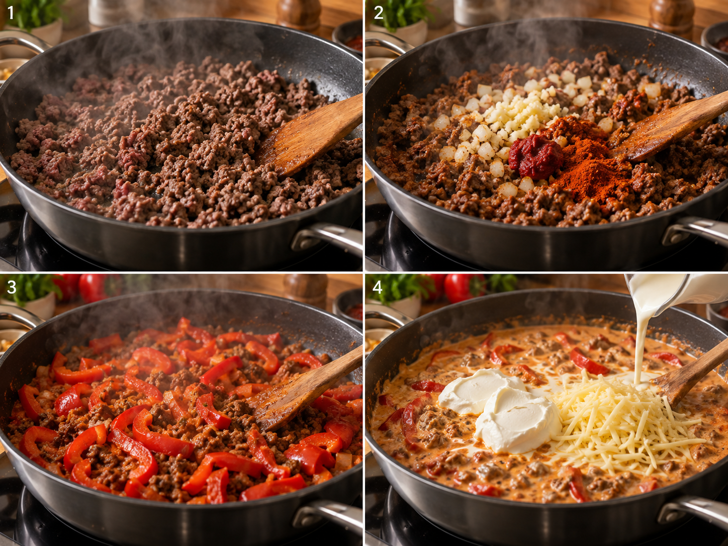 Vier Schritte für cremige Hackfleisch-Paprika-Pfanne in der Pfanne