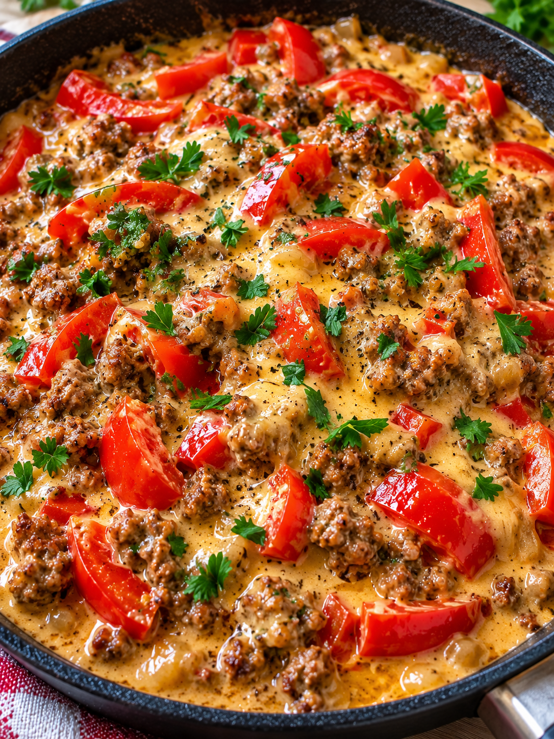 Cremige Hackfleisch-Paprika-Pfanne mit roter Paprika und Käse-Sahne-Sauce