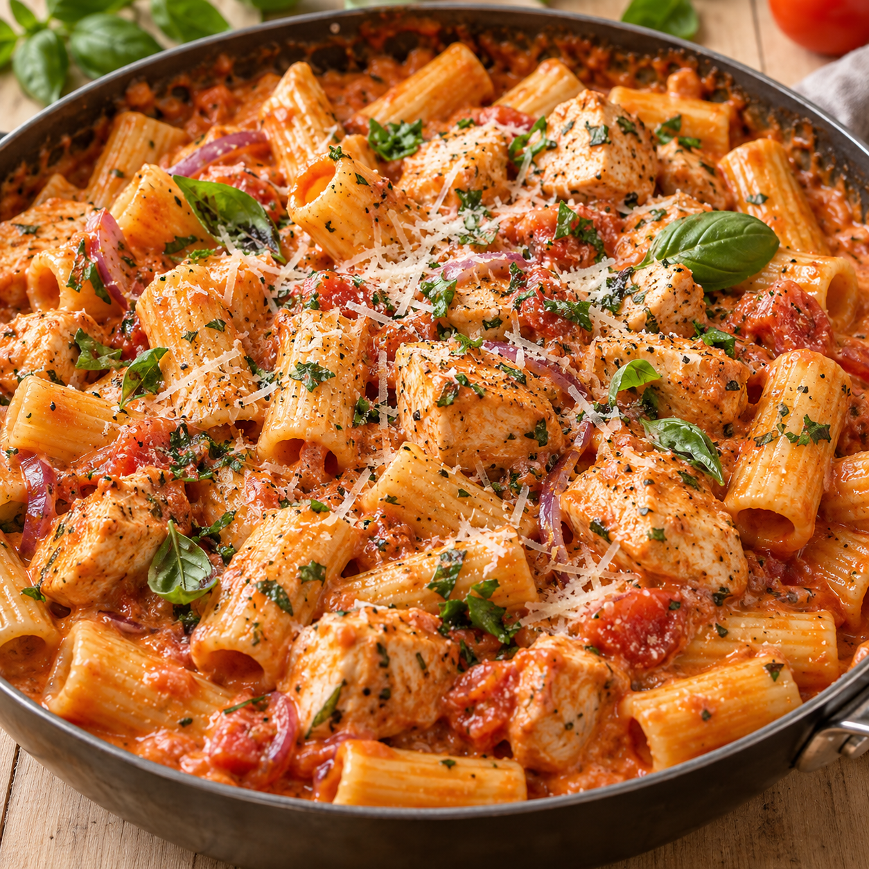 Cremige Hähnchen-Rigatoni mit Tomatensoße, Kräutern und Parmesan