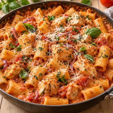 Cremige Hähnchen-Rigatoni mit Tomatensoße, Kräutern und Parmesan