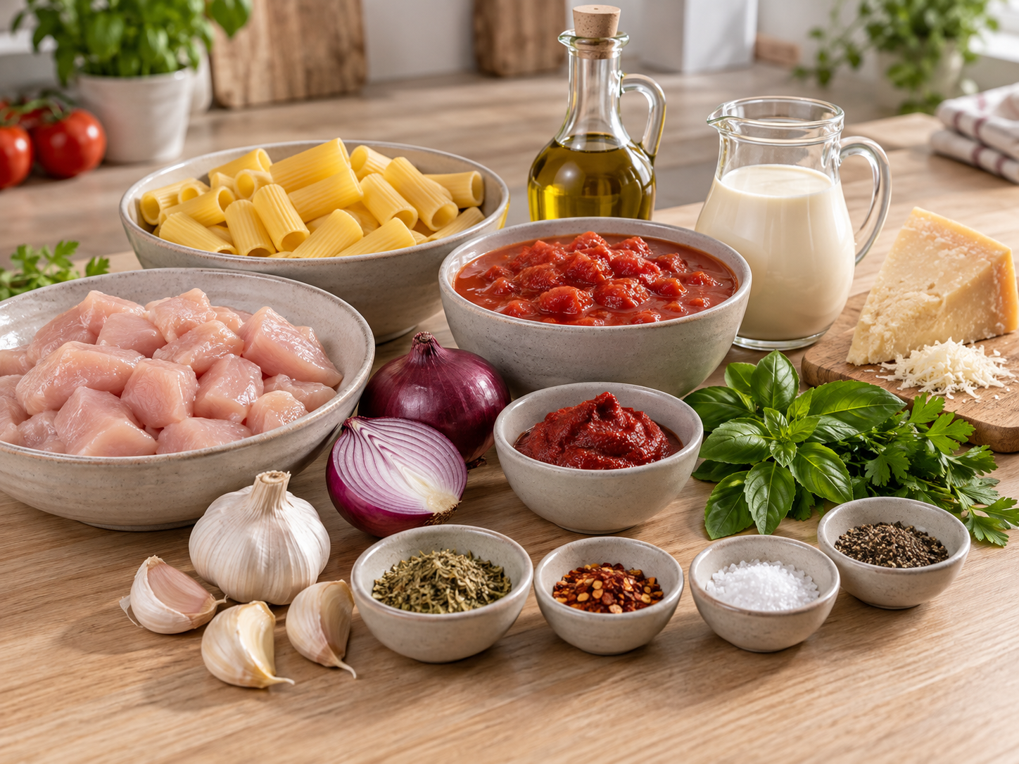 Zutaten für Hähnchen-Rigatoni mit Tomaten, Sahne und Kräutern