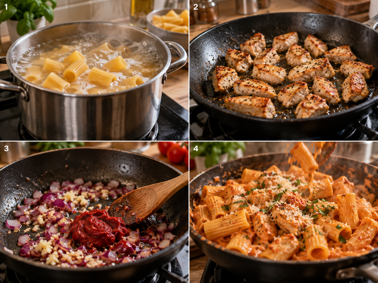 Vier Schritte für cremige Hähnchen-Rigatoni von Pasta bis Soße