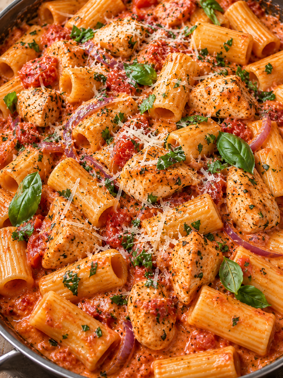 Cremige Hähnchen-Rigatoni in roter Soße mit Parmesan und Kräutern
