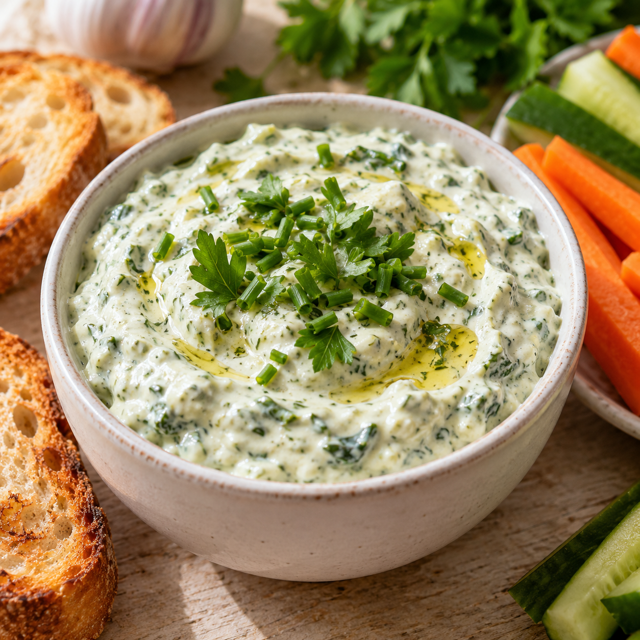 Knoblauch-Kräuter-Creme in heller Schale mit Brot und Gemüsesticks