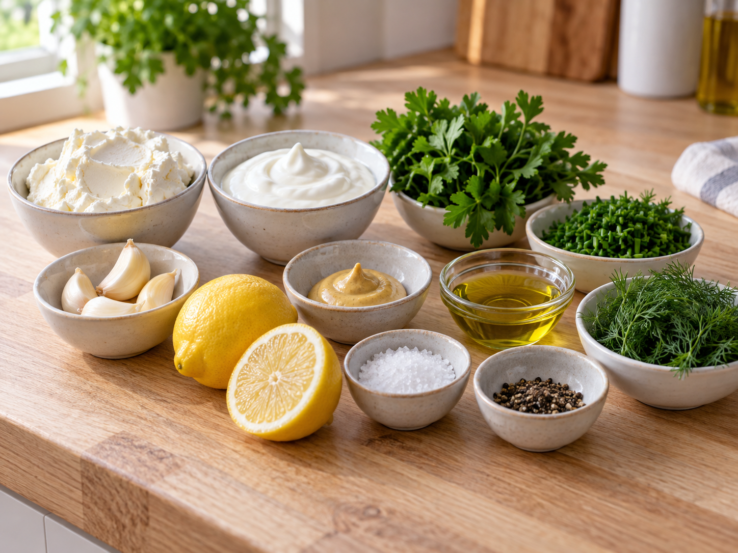 Zutaten für Knoblauch-Kräuter-Creme mit Frischkäse und frischen Kräutern