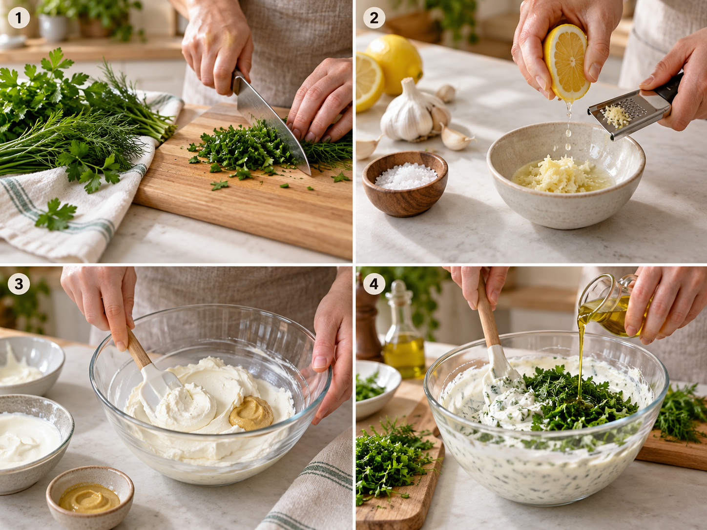 Vier Schritte beim Anrühren von Knoblauch-Kräuter-Creme