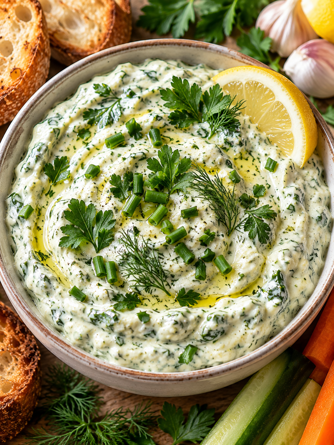 Cremige Knoblauch-Kräuter-Creme mit frischen Kräutern und Zitrone