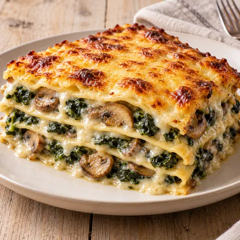 Spinat-Champignon-Lasagne mit heller Béchamel und goldbrauner Goudakruste