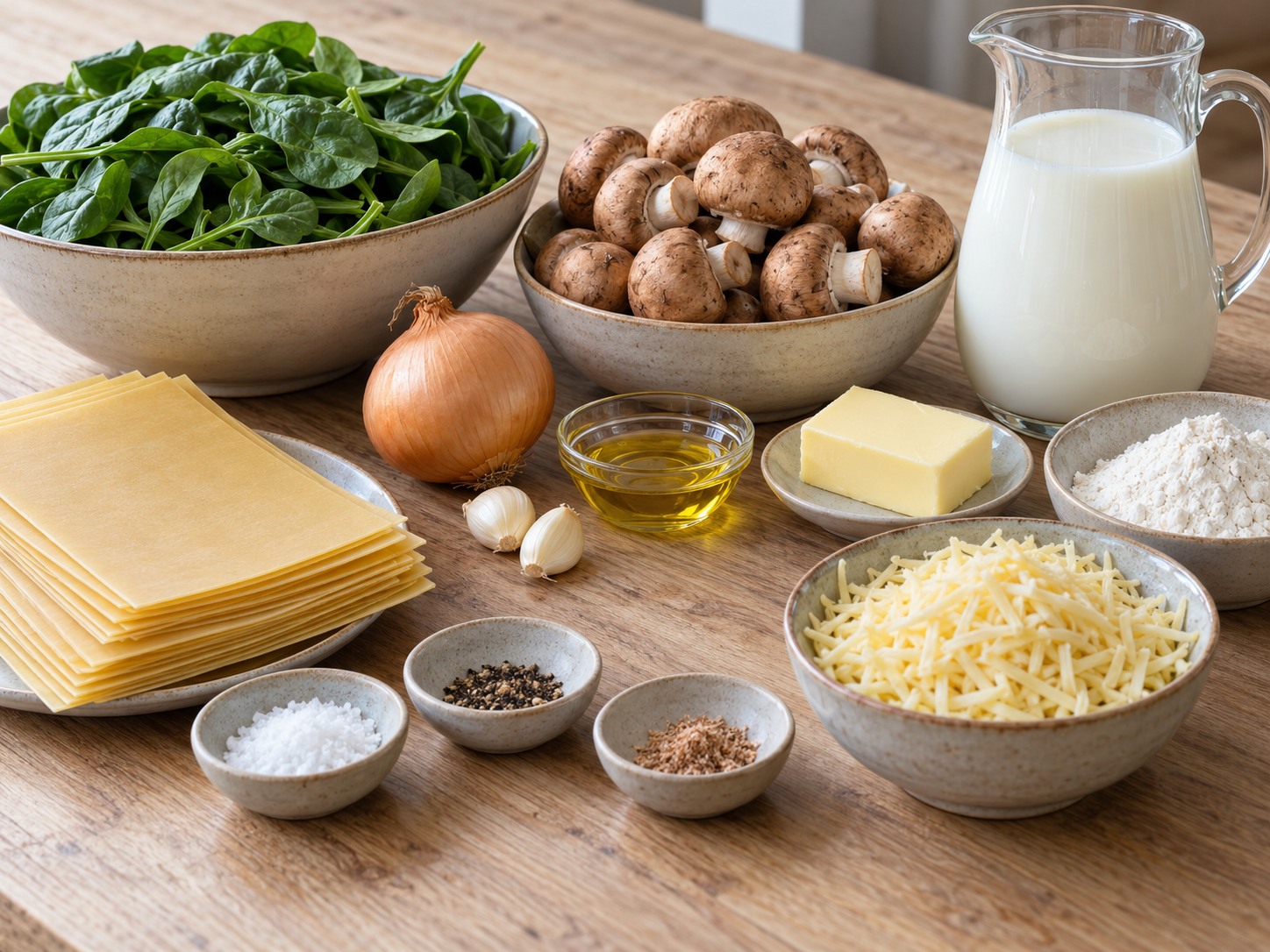 Champignons, Blattspinat, Lasagneplatten, Milch, Butter, Mehl und Gouda für die Lasagne