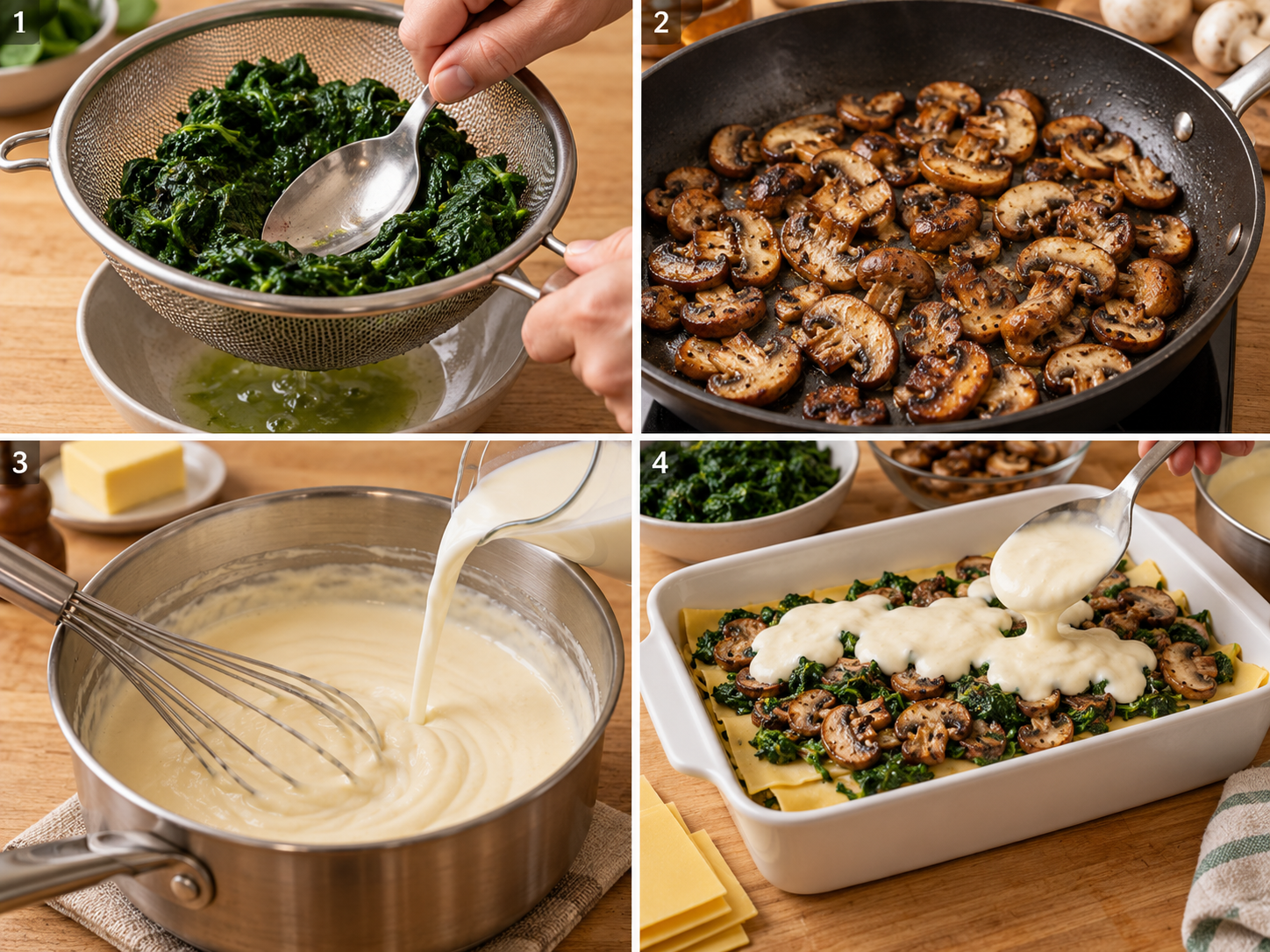 Spinat ausdrücken, Champignons braten, Béchamel rühren und Lasagne schichten