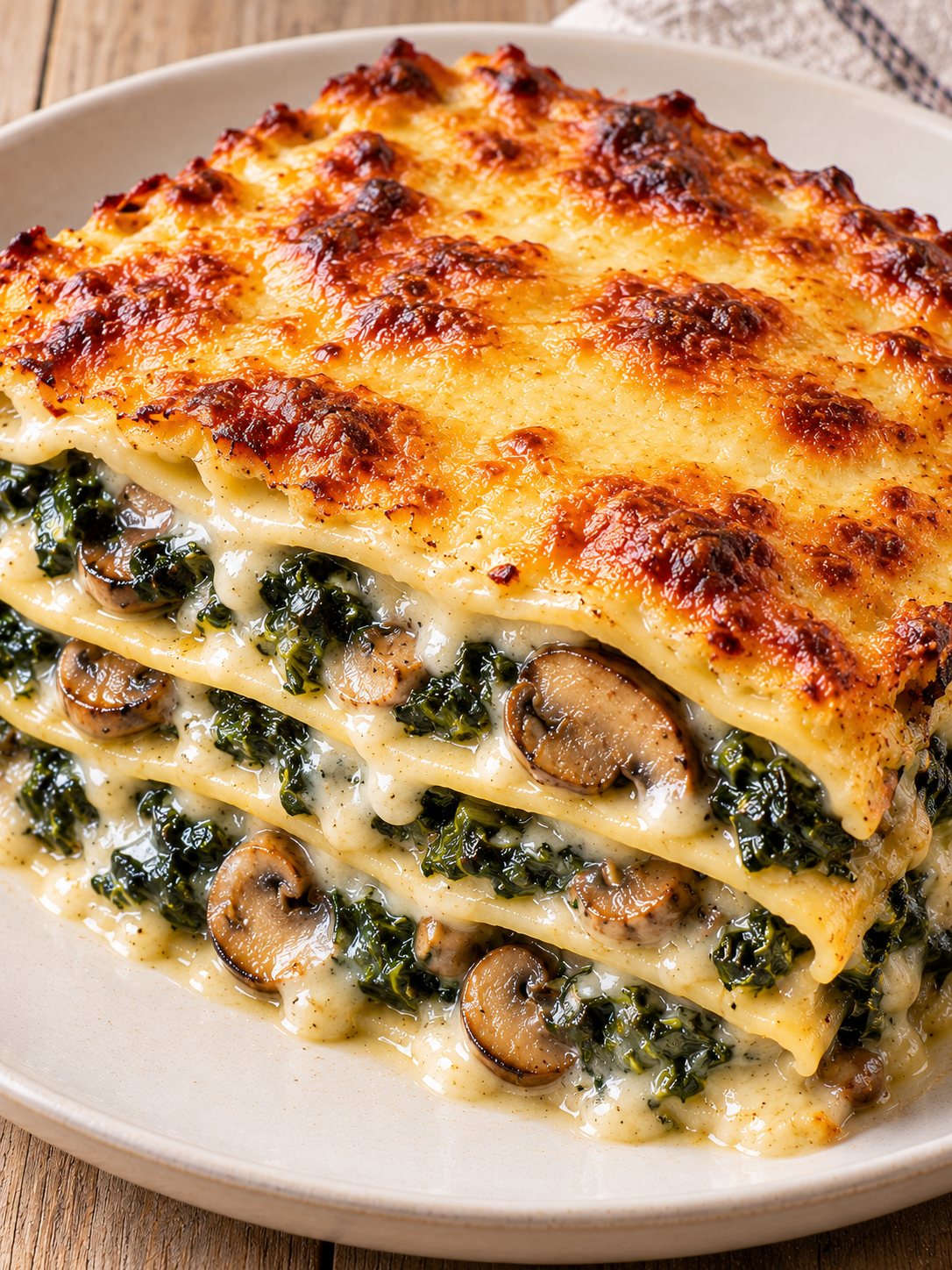 Cremige Lasagne mit Spinat, Champignons und goldbraun überbackenem Käse