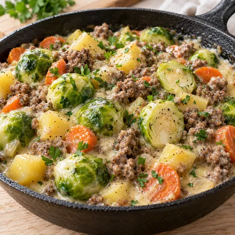 Cremige Rosenkohl-Hackfleisch-Pfanne mit Kartoffeln und Möhren