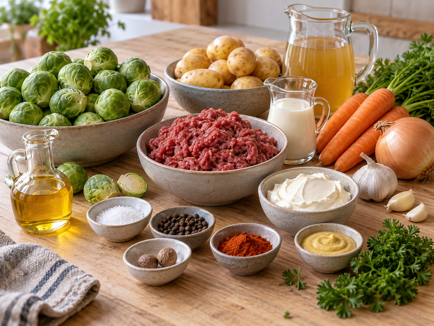 Zutaten für Rosenkohl-Hackfleisch-Pfanne mit Sahne und Kartoffeln