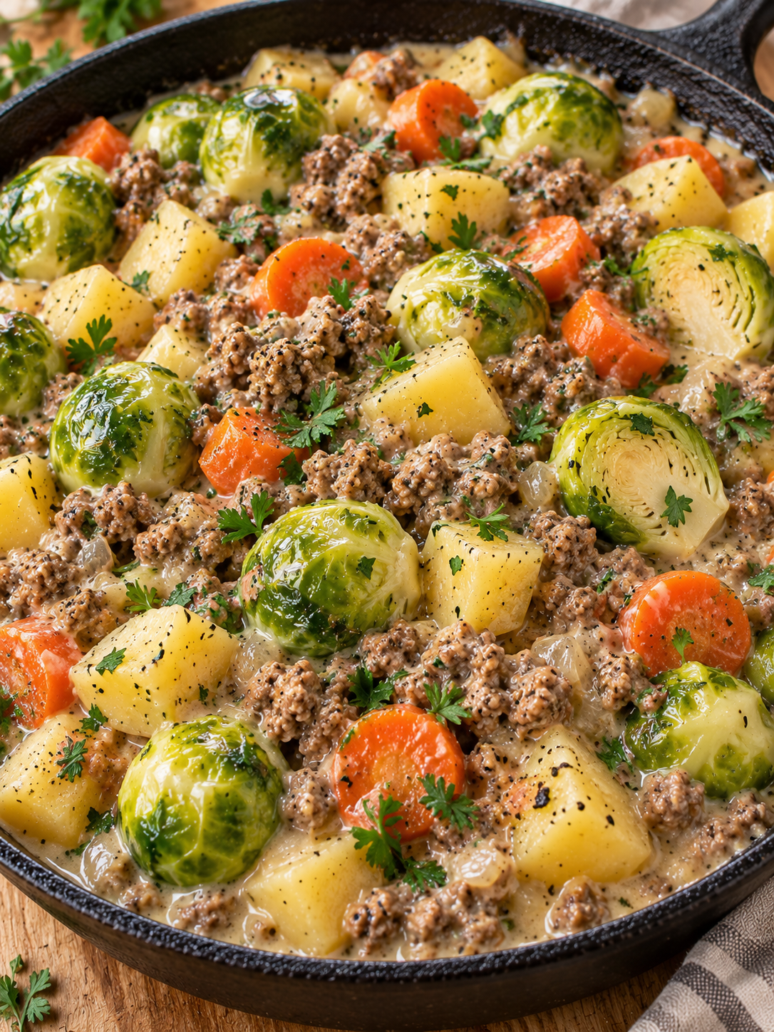 Cremige Rosenkohl-Hackfleisch-Pfanne in heller Rahmsauce