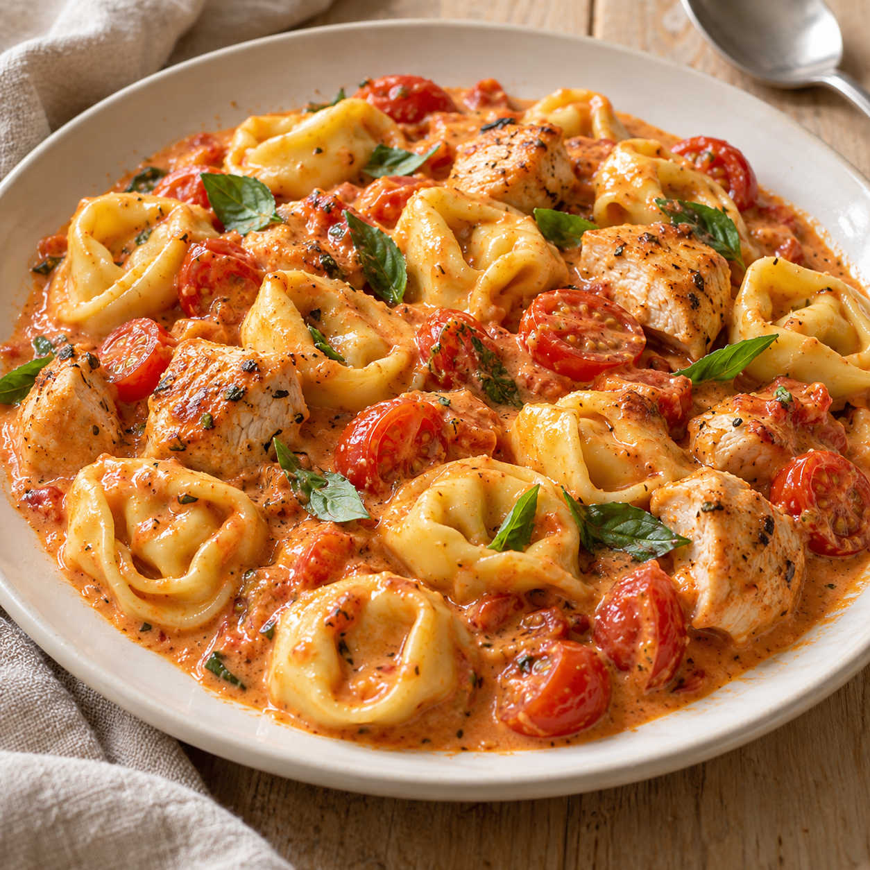 Käse-Tortellini mit Hähnchen, Kirschtomaten und Basilikum in orangefarbener Schmandsoße