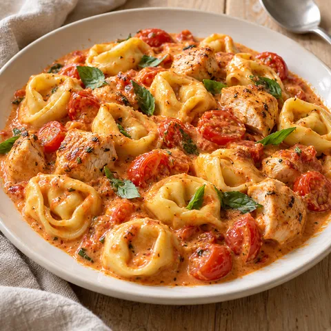 Käse-Tortellini mit Hähnchen, Kirschtomaten und Basilikum in orangefarbener Schmandsoße