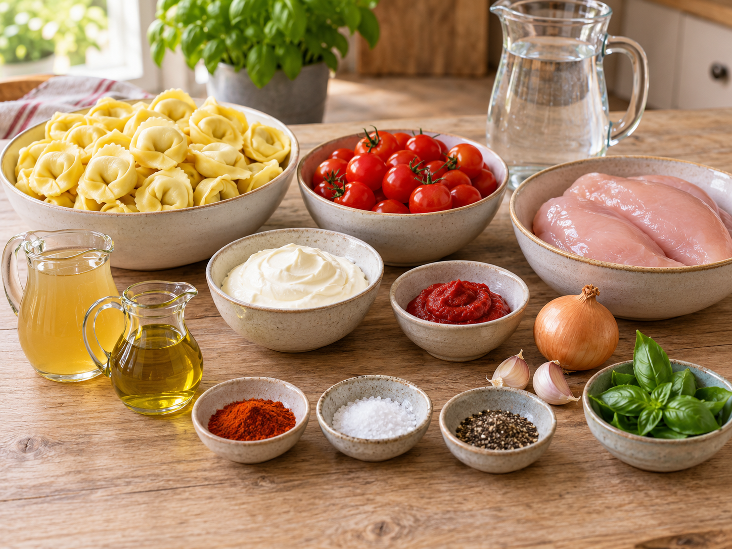 Zutaten mit Käse-Tortellini, Hähnchenbrust, Kirschtomaten, Schmand und Basilikum
