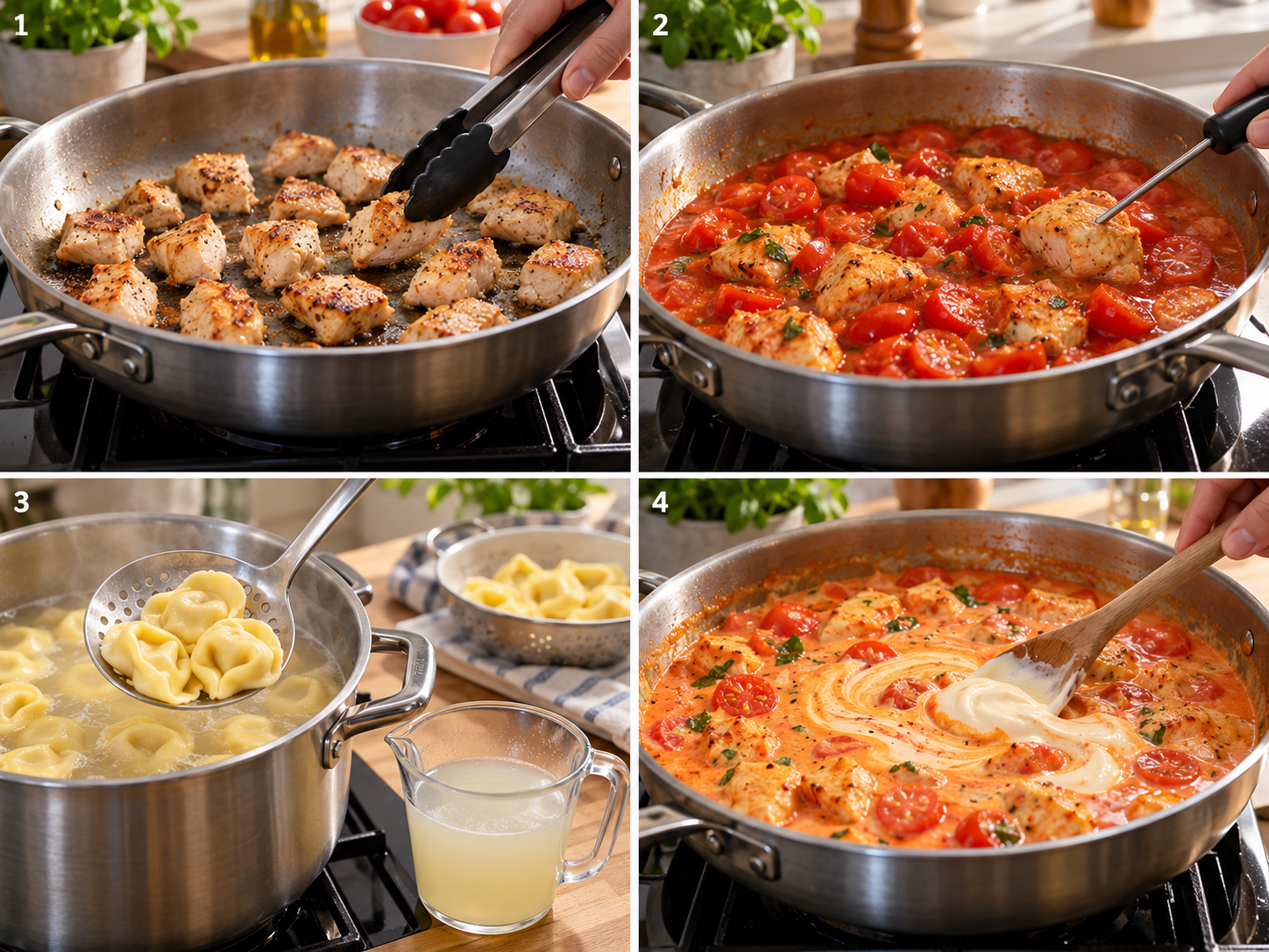 Hähnchen anbraten, Tomaten garen, Tortellini kochen und Schmand in die Soße rühren