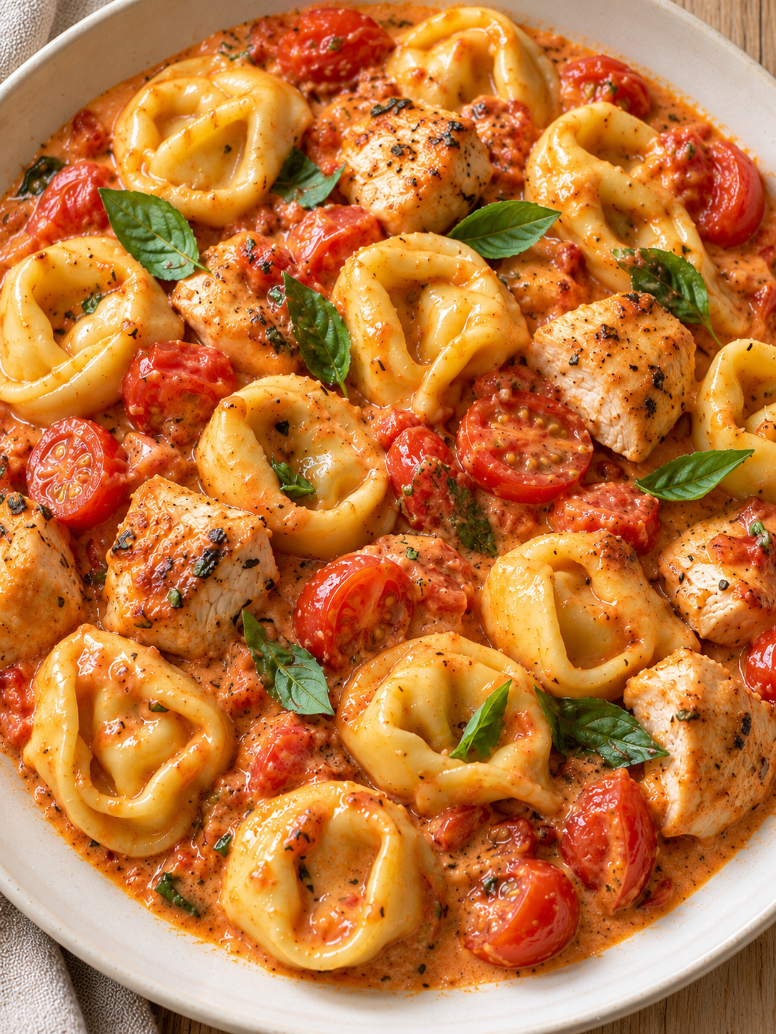 Cremige Tortellini mit gebratenem Hähnchen, halbierten Kirschtomaten und Basilikum