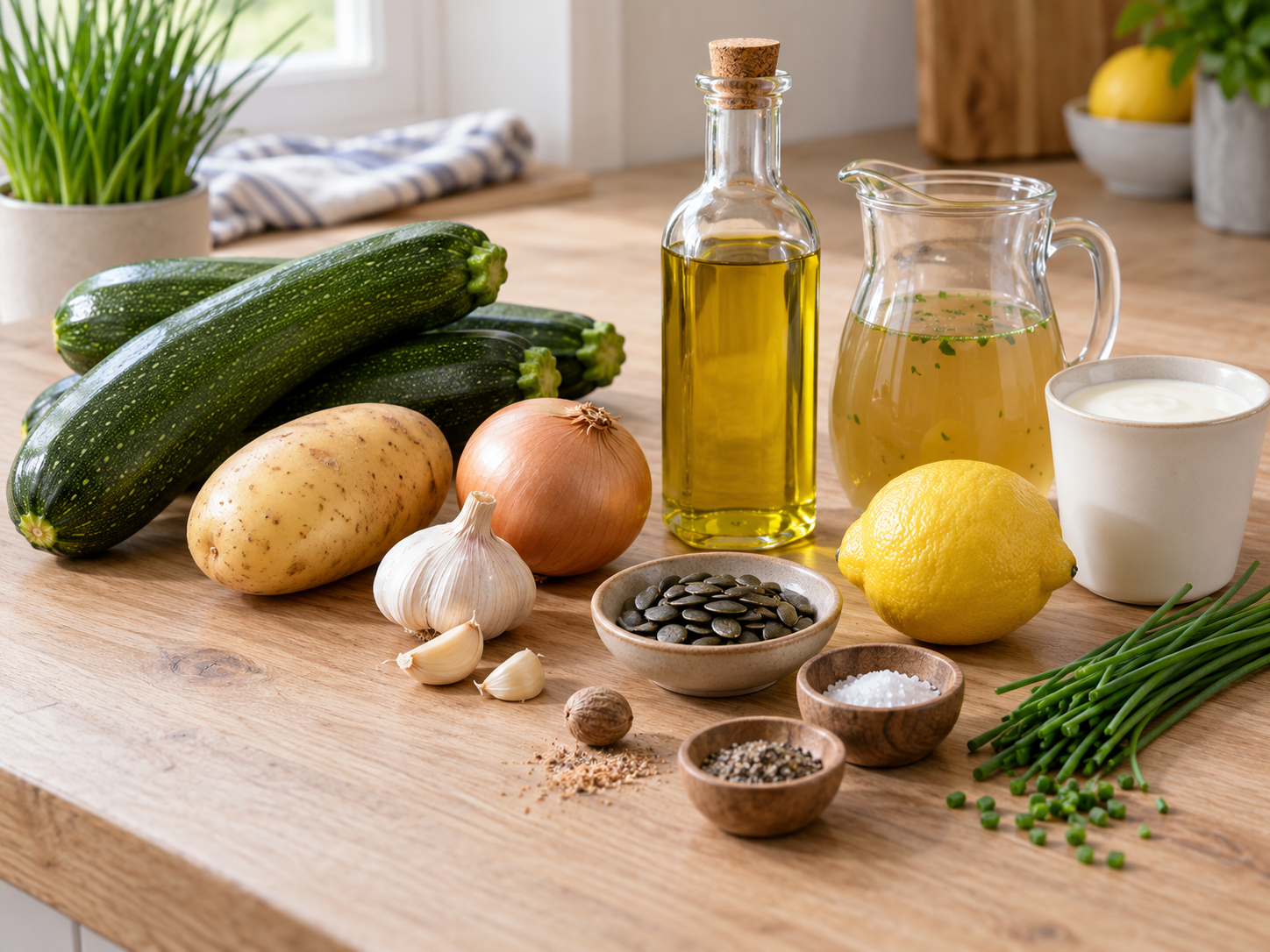 Zutaten für cremige Zucchinisuppe mit Zucchini, Kartoffel und Sahne