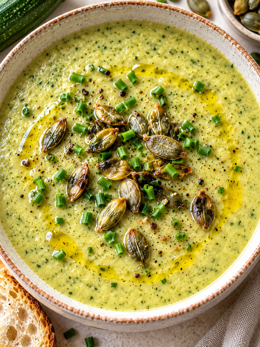 Schale cremige Zucchinisuppe mit Kürbiskernen und Schnittlauch