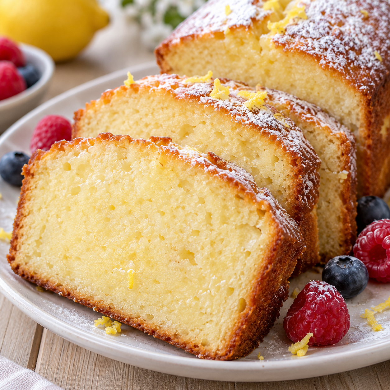 Cremiger Joghurtkuchen in Scheiben mit Puderzucker und Beeren