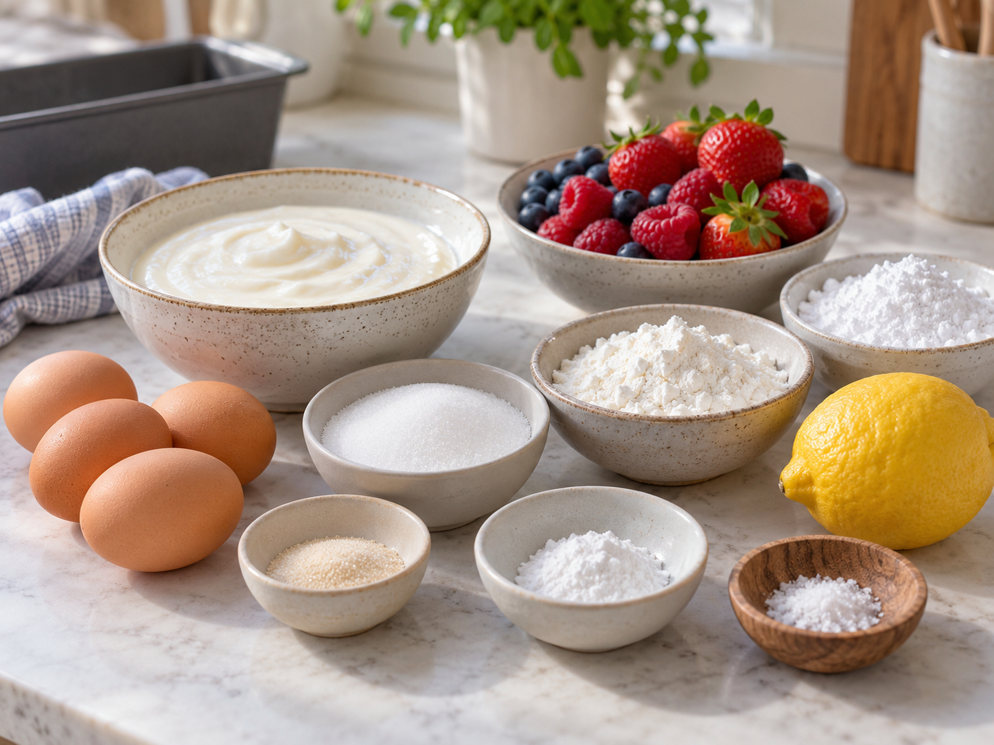 Zutaten für cremigen Joghurtkuchen mit Joghurt, Eiern und Zitrone