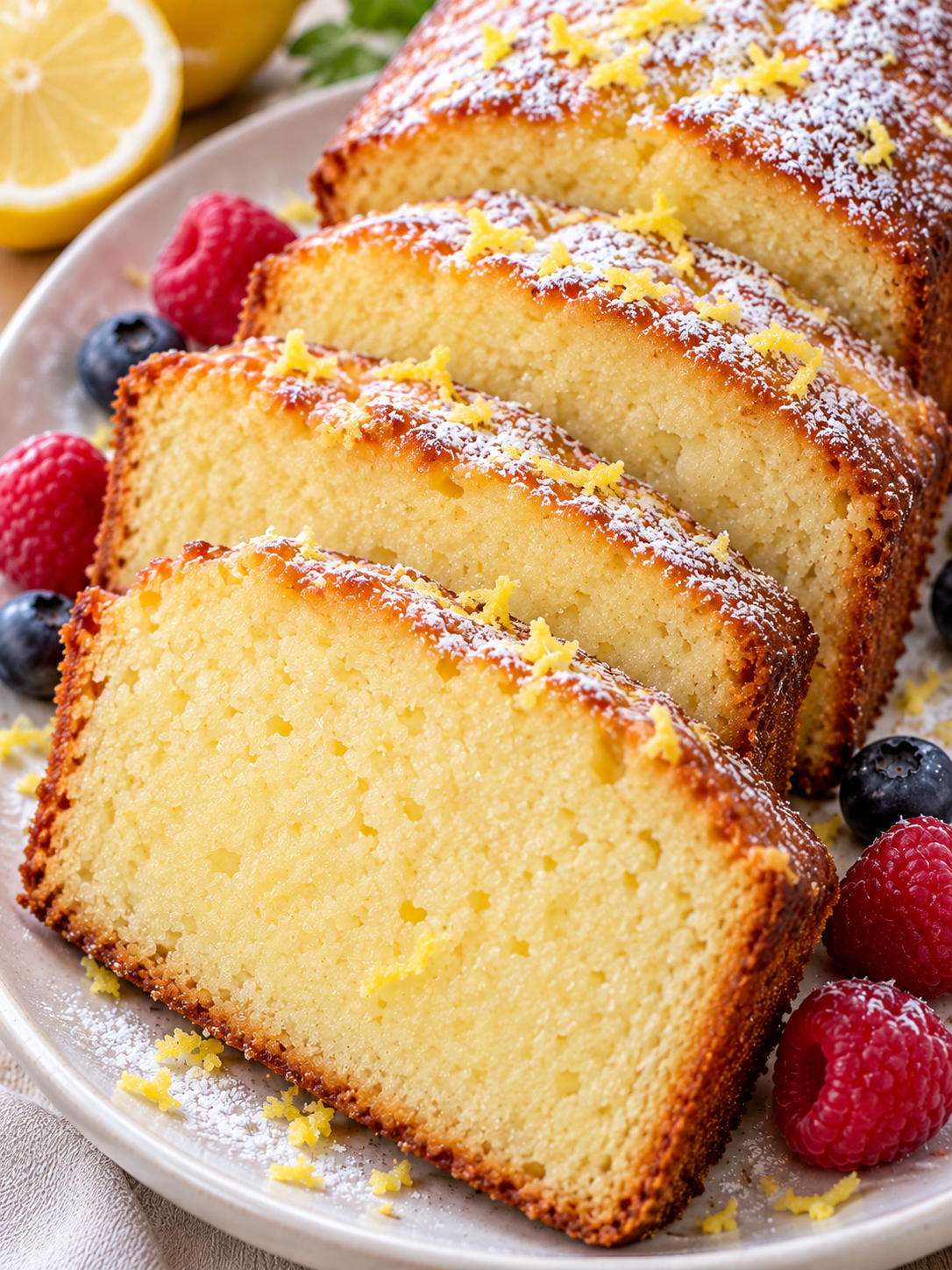 Cremiger Joghurtkuchen mit Puderzucker, Zitrone und Beeren