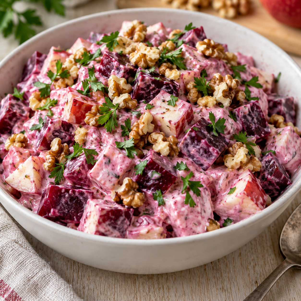 Rosafarbener Schneewittchen-Salat mit Roter Bete, Apfelwürfeln, Walnüssen und Petersilie