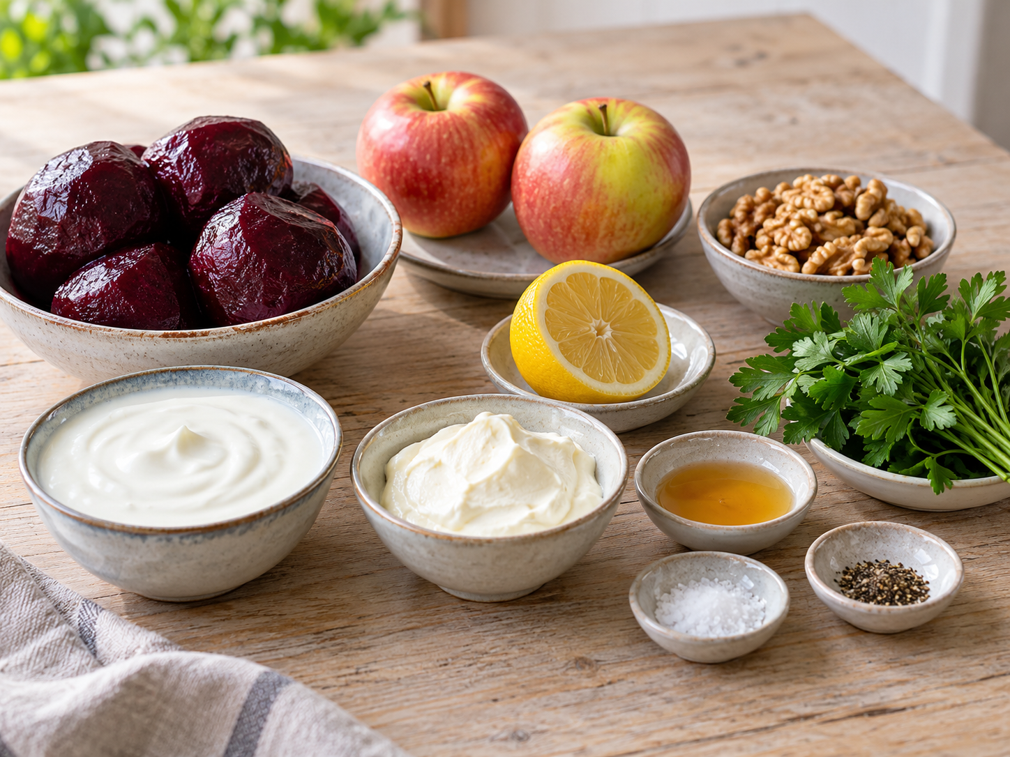 Rote Bete, Äpfel, Joghurt, Schmand, Zitrone, Honig, Walnüsse, Petersilie, Salz und Pfeffer