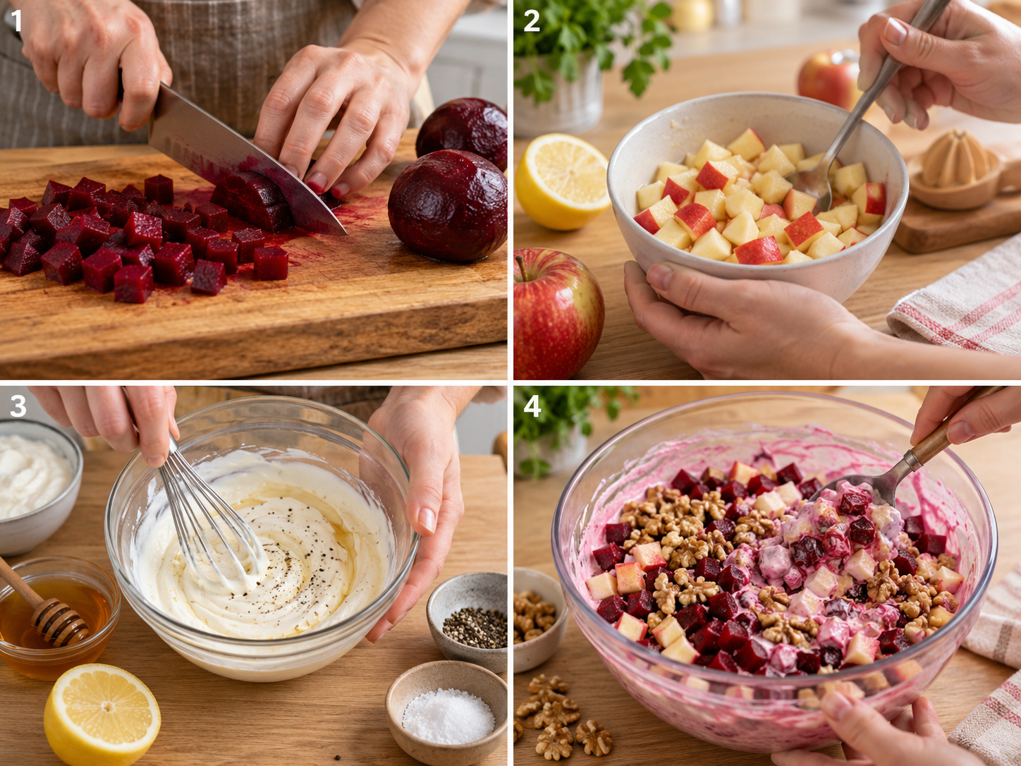 Betewürfel schneiden, Äpfel mit Zitrone mischen, Dressing rühren und den Salat vermengen