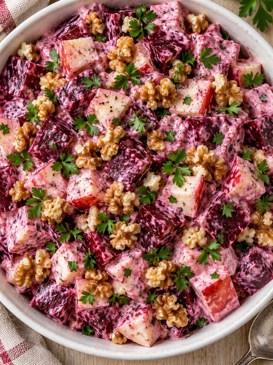 Cremiger Rote-Bete-Apfel-Salat mit rosafarbenem Dressing, Walnüssen und Petersilie