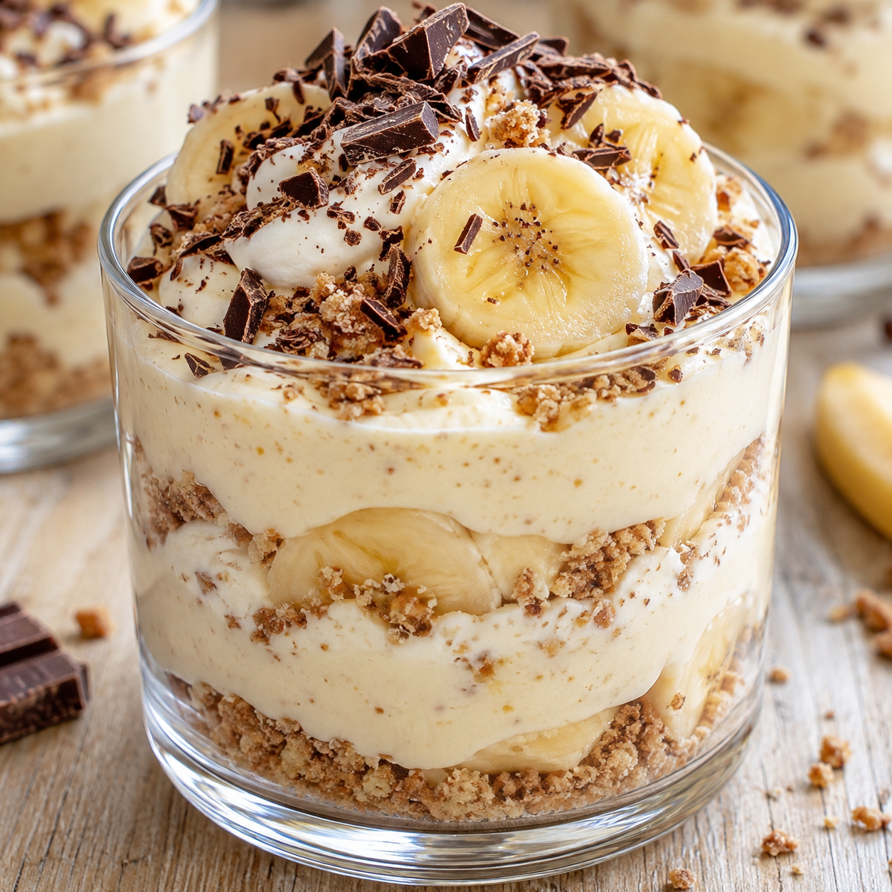 Cremiges Bananendessert im Glas mit Keksbröseln und Schokolade