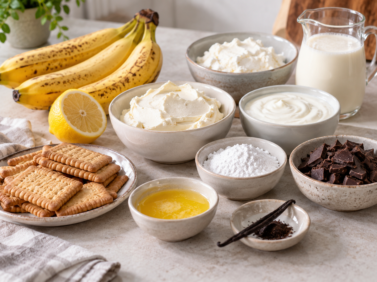 Zutaten für cremiges Bananendessert mit Bananen, Quark und Keksen